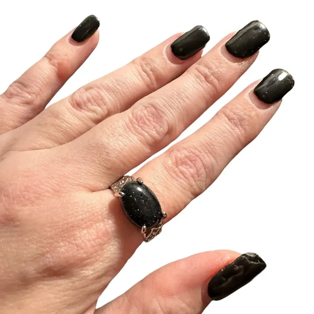 Dark Blue Goldstone Semi-Precious Silver Plated Ring New 7